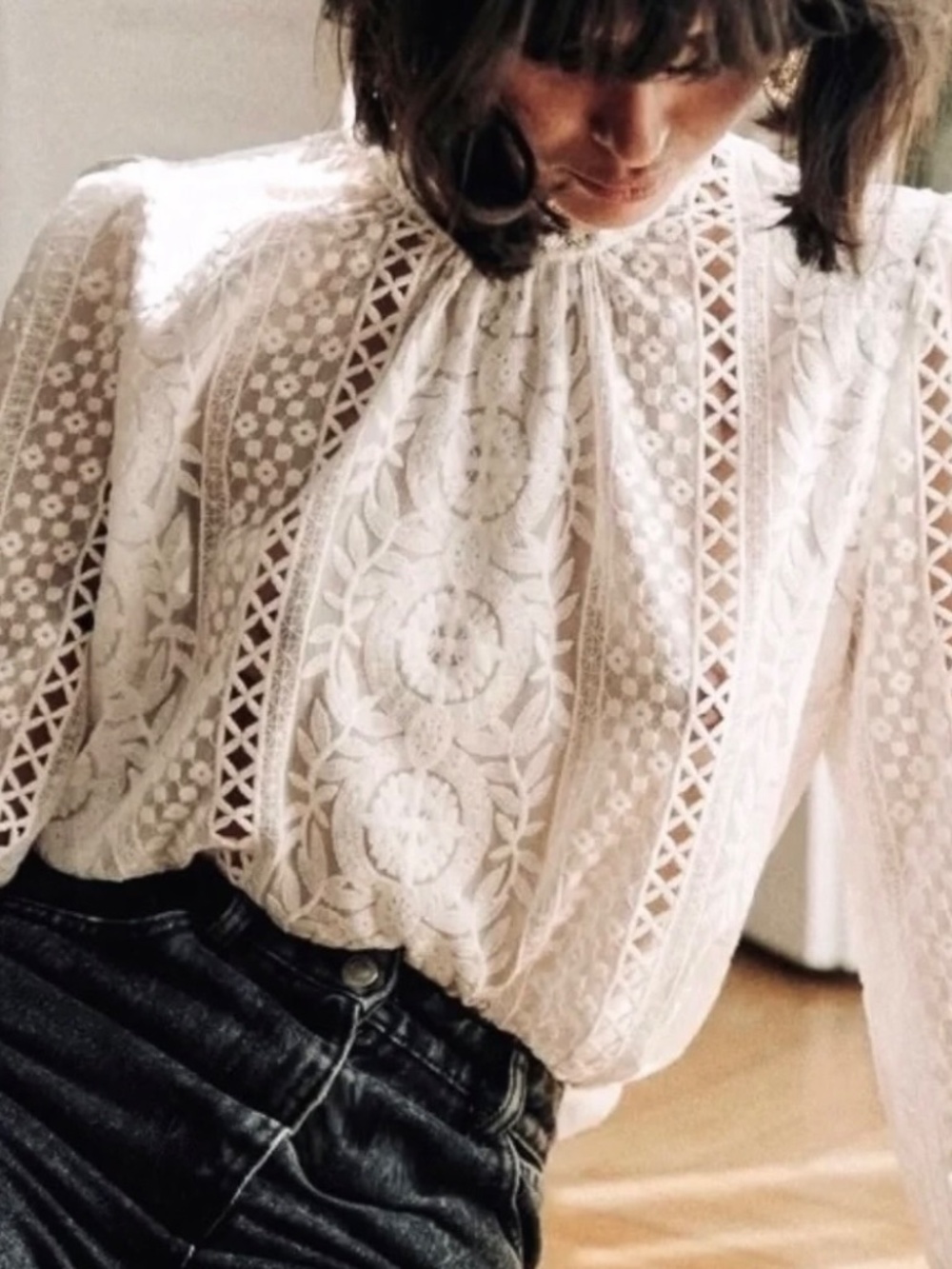 Sezane White Long Sleeve Mock Neck Embroidered Cotton Blend Lace blouse
